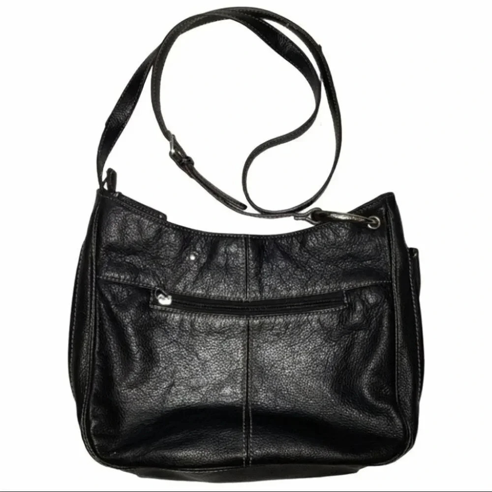 Tignanello Crossbody Bag Medium Black Leather Adjustable Strap Contrast Stitch